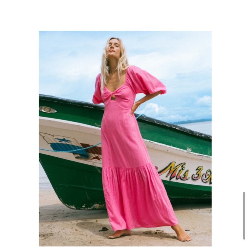 Billabong Pink Puff Sleeve Plunge Maxi Dress
